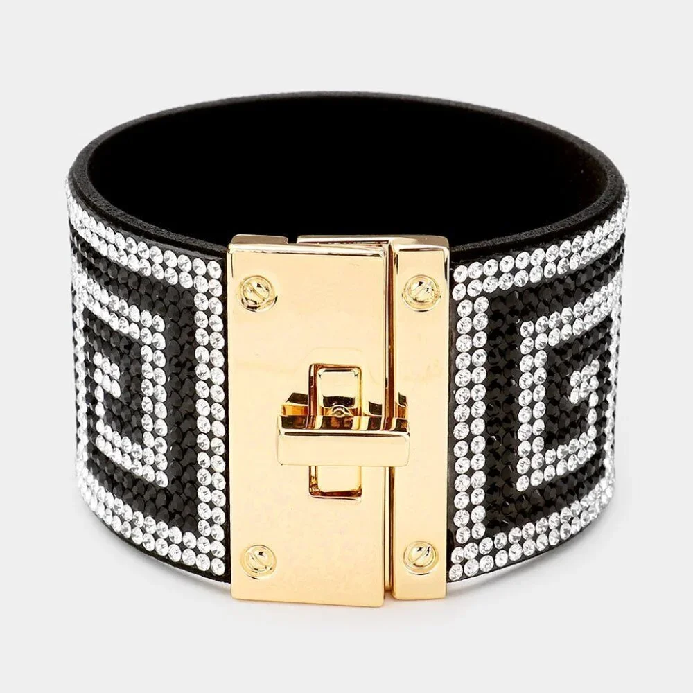 Greek Key Rhinestone Wide Turn Lock Bracelet